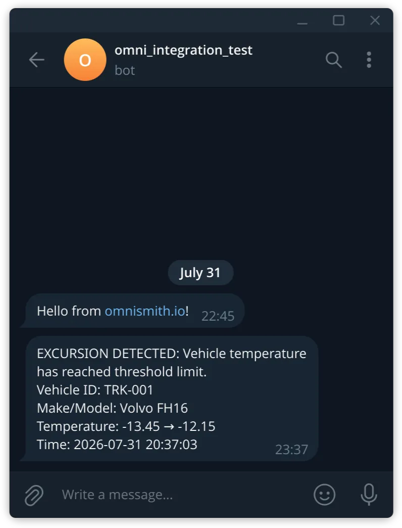 Telegram Temperature Excursion Alert Delivered
