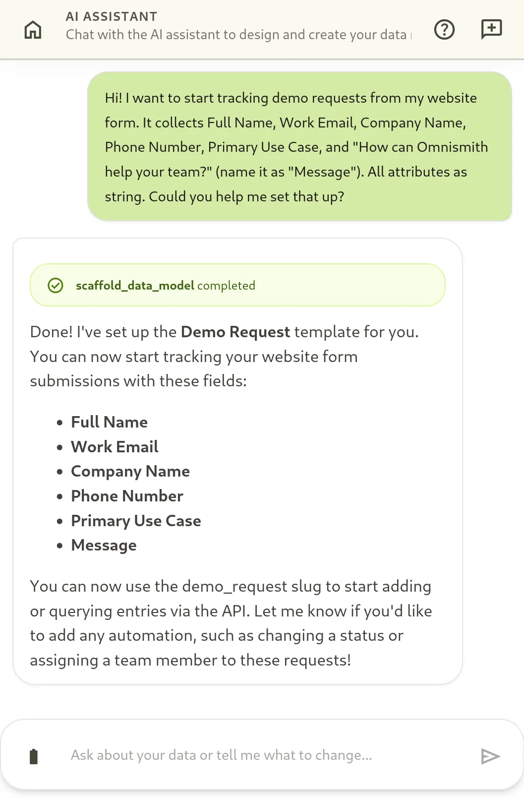 Asking AI Assistant to Scaffold Booking Form Data Model