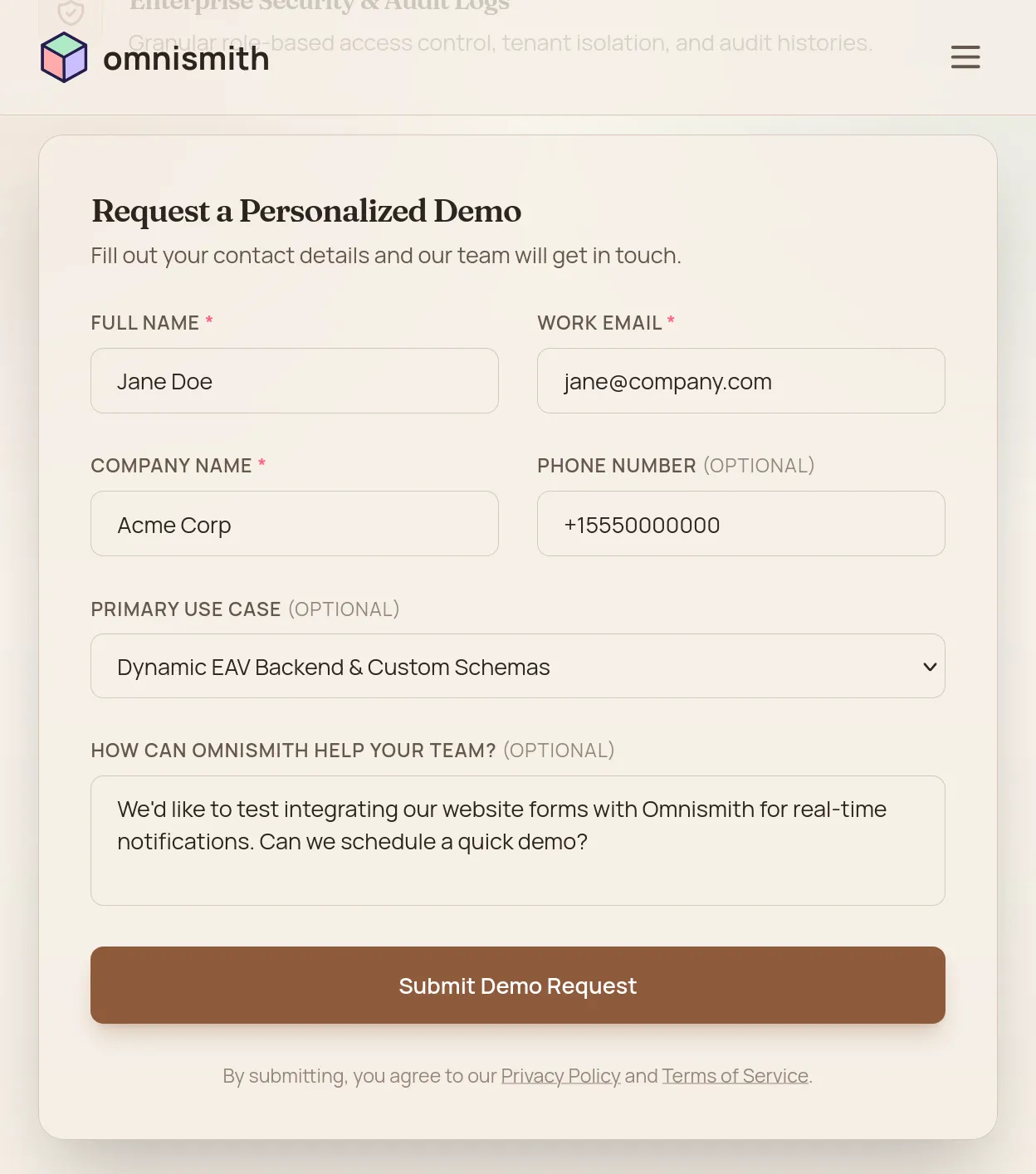 Book a Demo Form on Omnismith Website