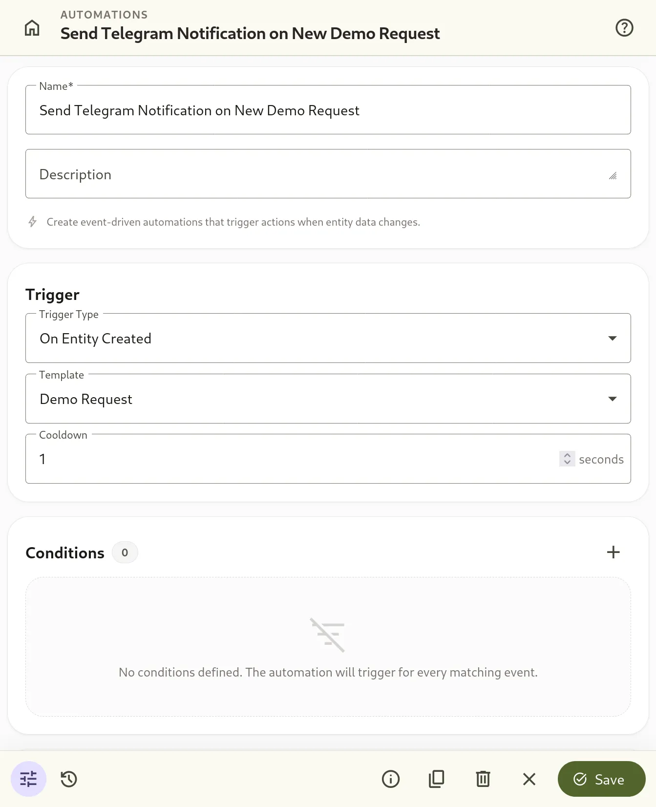 Creating Automation to Send Telegram Notification on New Demo Request