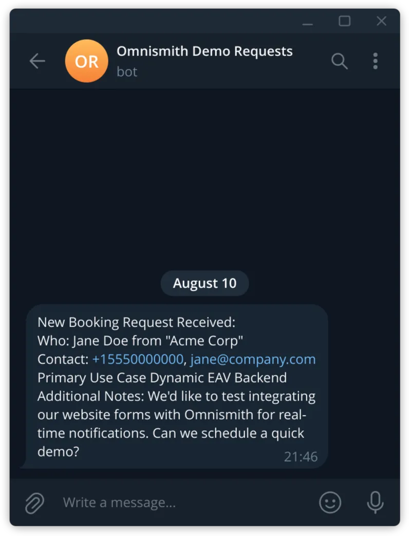 Received Telegram Notification via Omnismith Automation Channel