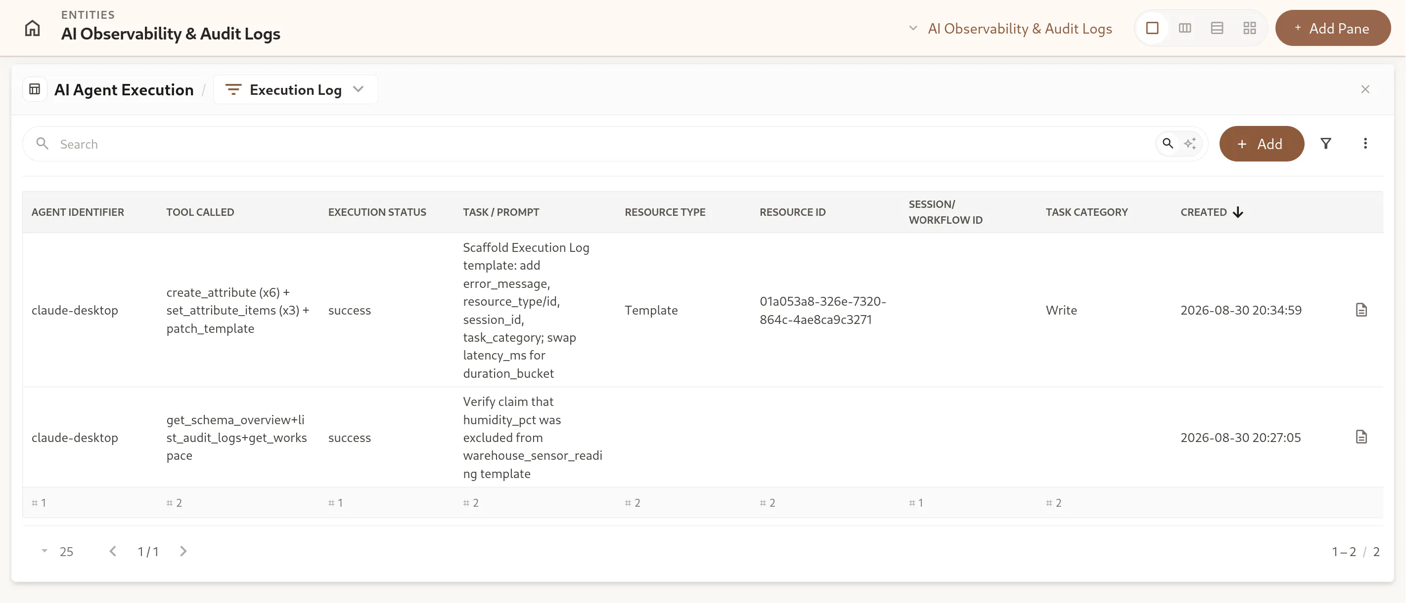UI. AI Agent Execution Log in Omnismith Workspace